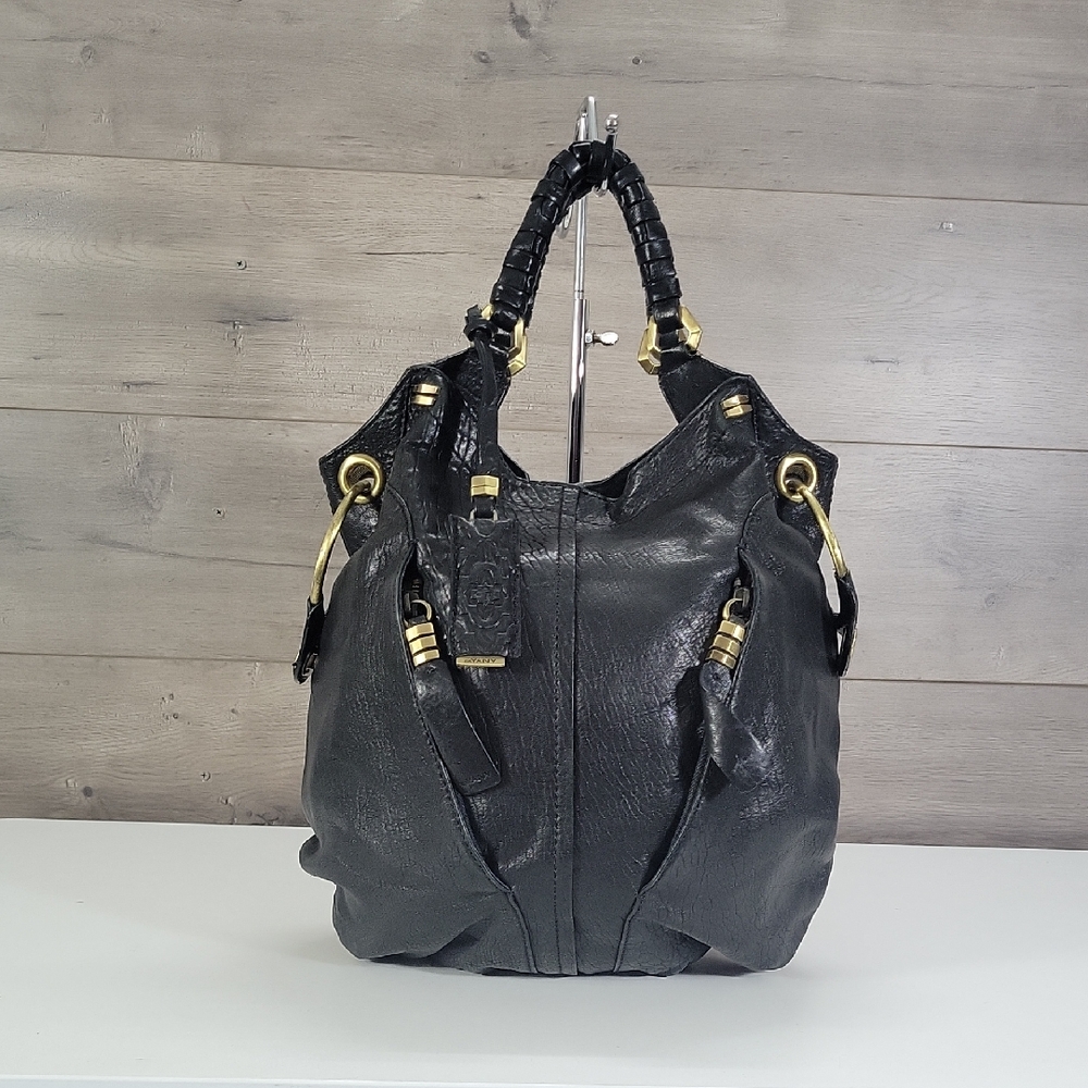 orYANY Black Leather Shoulder Tote with Gold Hardware